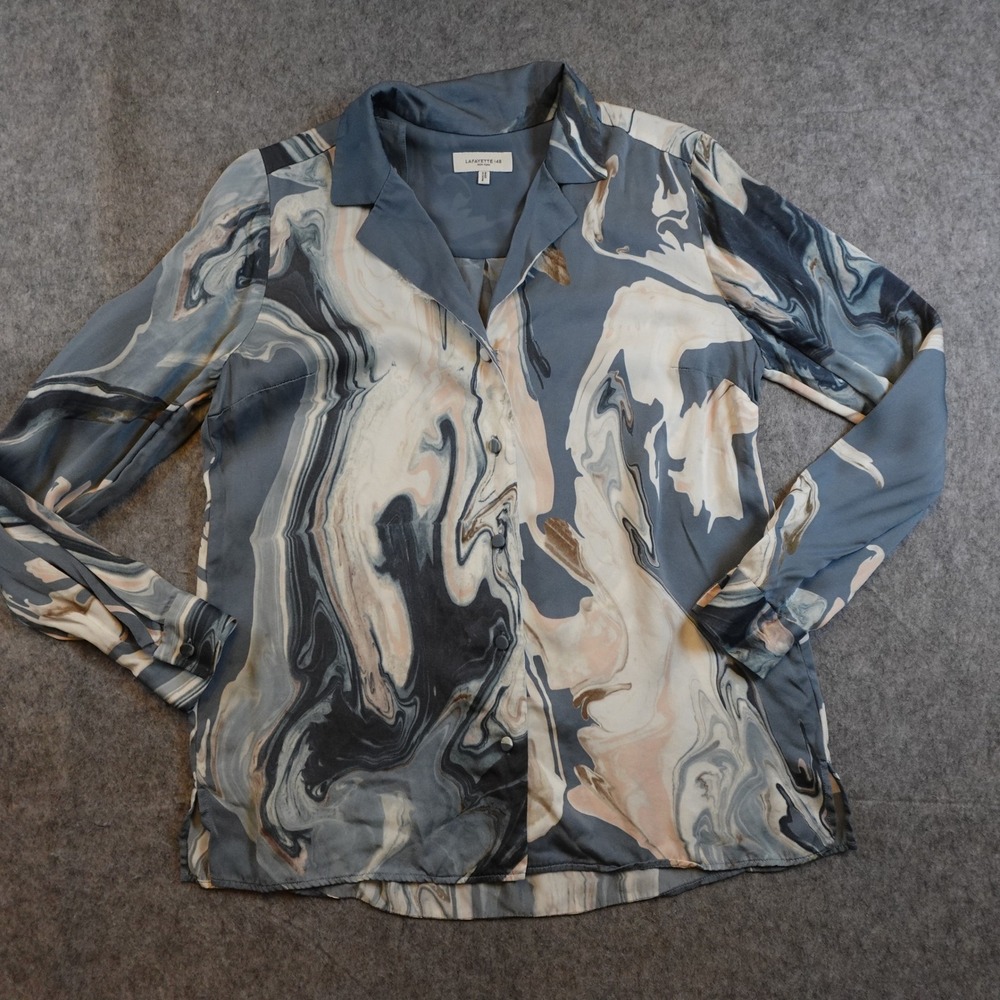 Lafayette 148 Top Womens Small Blue Rigby Marble Print Long Sleeve Button Up Art - Picture 1 of 9